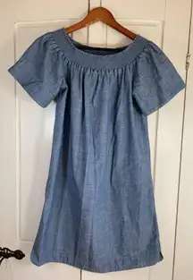 J Crew Dress Size 4 Blue Chambray Off Shoulder Short Sleeve‎ 100% Cotton Preppy