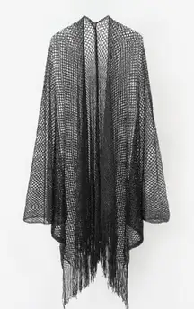 Casa Maca Black Shimmer Open Knit Mesh Fringe‎ Kimono Swim Cover One Size