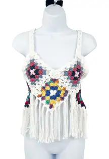 Womens Boho Hippie Festival Beach Fringe Granny Square Crochet‎ Cropped Top