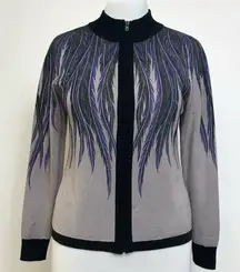 Bob Mackie Cardigan Womens Gray Purple Feather Print Artsy Art to Wear Granny