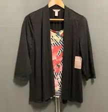 B16- NEW! Women's White Stag Cardigan, L/G, Black, floral layered one piece