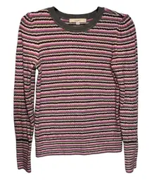 Ann Taylor LOFT Sweater Purple Pink Gray Stripe Puff Sleeve SizeMedium Crewneck