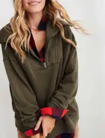 Aerie Down To Earth Oversized Quarter Zip Sweatshirt In Nomad Olive