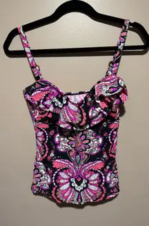 Paisley Patterned Pink Purple and Black Women's Tankini Bathing Suit Top Small