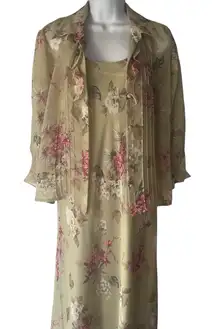 Virgo Petite M Vintage 90s Green Floral Chiffon Church Feminine Maxi Dress‎