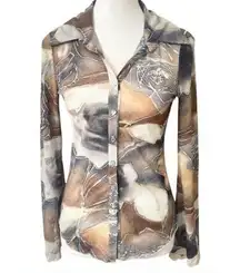 Y2K Bebe Bundle Red Silk Blouse + Sheer Mesh Floral‎ Lace Shirt long sleeve MED