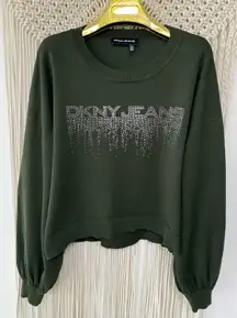 Y2K  Olive green Long Puff-Sleeve with Rhinestone pullover Sweatshirt Sweater