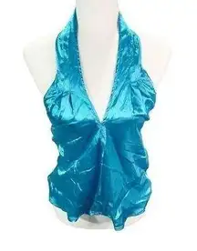 SHEIN Size S Top Satin Open-Back Y2K Bright Blue Halter V-neck