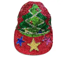 Sequin All over Christmas Tree Stars Ornaments Glam Bling Baseball Cap Hat