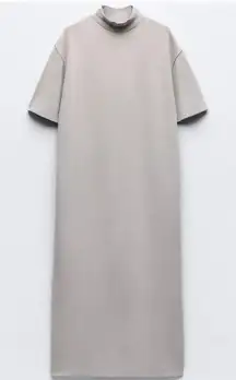 Zara Mock Thick Neck T Shirt Midi Dress Oversized Comfort Size XL Taupe Grey