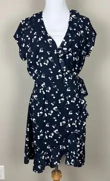 Sunday Best Wrap Dress 6 Aritzia Savoy Cherry‎ Print Navy Blue Ruffle Feminine