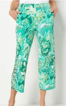 Susan Graver Liquid Knit Crop Pants Size XL Green Paisley Pull On Stretch Casual