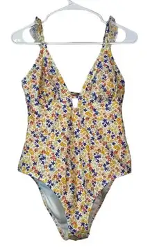Shade & Shore Swimsuit Floral Spring Ruffle Strap Plunge Size Med EUC #0569-OC