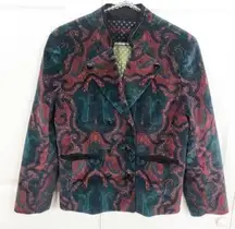 Robert Graham Size 10 Red Green Velvet Double Button Printed Blazer