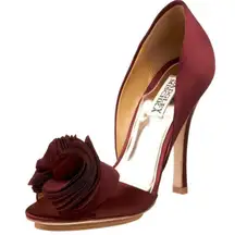 Badgley Mischka Burgundy Satin Heels 5.5M Rosette Pumps Wedding Party Shoes‎