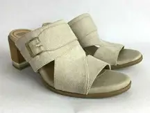 Dr. Scholls Heeled Sandals 8 Beige Block‎ Heel Open Toe Slip On Faux Suede