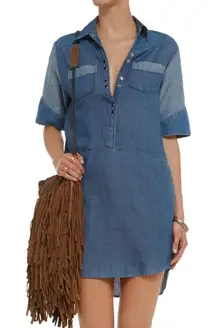 MAJE Women’s Mixed Chambray Blue Pearl Snap Front Western Mini Dress