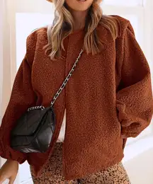 Kirundo Women's Brown Fuzzy Teddy Bear Open‎ Front Cardigan Jacket