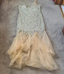 Dave & Johnny One Shoulder Gold Sequin Tulle Dress SIZE 15/16