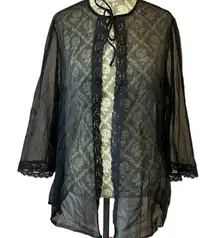 Vintage Black Sheer Lace Bell Sleeve Boudoir Jacket Pin Up Lingerie S/M