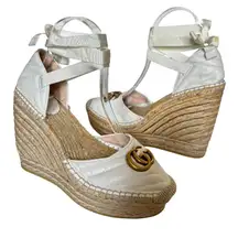 Gucci GG Espadrille Wedge Sandals Ankle Wrap Quilted Matelasse Leather Size 39.5