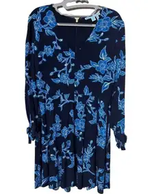 DRAPER JAMES Long Sleeve Dress Geranium Floral Nassau Navy Blue Tie Wrist EUC 6