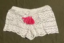 Miken Swim White Lace Shorts with Pink Tassels