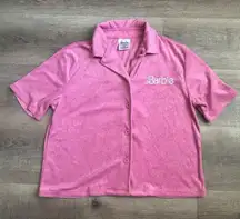 Barbie Top Womens Terry Cloth Button Up Short Sleeve Crop Halloween Size S NWOT