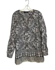 Robert‎ Graham Long Sleeve Tunic Beaded Top Women Size Large Black White Floral