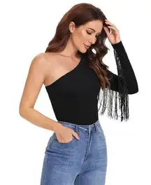 NEW cowboy core Fringe Trim One Shoulder Long Sleeve Fitted Top XL