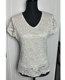 Brittany Black Womens Off-White Woven Lace Blouse with Sparkly Sequins Size‎ M