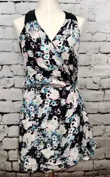 Parker‎ Black Floral Print Silk Leather Wrap Dress