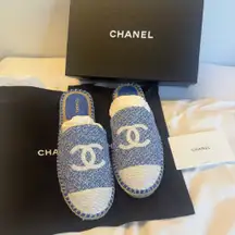 Brand new in box Chanel tweed and sequin espadrille mules
