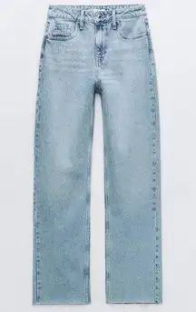 Zara High Rise Slit Flare Light Wash Raw Hem Jeans