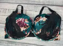 Cacique Lane Bryant 44F Lightly Lined Balconette Bra Teal Floral Lace Overlay