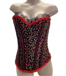 Satin Cherry Print Corset Size Small with Lace Trim & Satin Black Thong. New