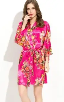 Ms Lovely Hot Pink Baroque Floral Satin Kimono Short Robe