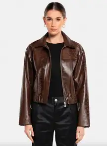 OW COLLECTION Levi Croc Embossed Faux Leather Jacket Brown Women’s Size Small