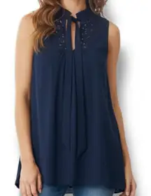Maeve for Anthropologie Womens Luca Navy Tie Neck Blouse w/Eyelet Details Size 6