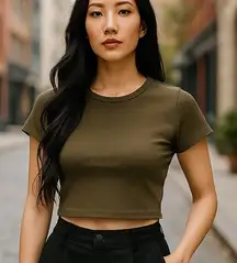 Out From Under Womens Olive Green Short Sleeve Ribbed Fitted‎ Crop Top XL NWT