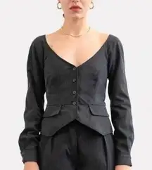 Mara Hoffman Ava Tailored Twill Long Sleeve Blouse Peplum Button Down Black NEW