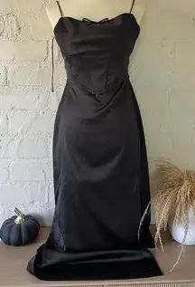 ZARA  Black corset cowl neck Satin Midi Maxi Dress with black bow and a slit