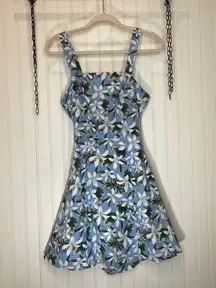 Aqua Blue Green Floral Hawaiian Floral Mini Dress Cut Out Back Cotton Size XS