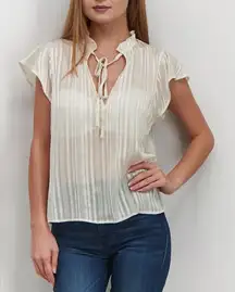 Avec Les Filles Sheer Striped Tie Neck Flutter Sleeve Blouse Size‎ L Cream - NWT
