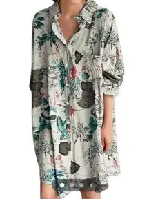 Floral Button-Up Long Oversized Shirt Midi Dress Small Women's