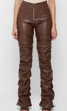 Brown Faux Leather Stacked Pants