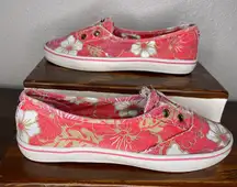 Distressed Coral Cream White Tropical Floral Slip On Shoes SZ 6.5