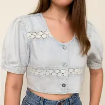 Vtg L.A. Blues Denim Button Up Puff Sleeve Top Sz Medium Lace Cottagecore