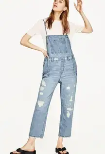Zara Basic Z1975 Denim Distressed Button Overalls Jumpsuit Light Wash Small