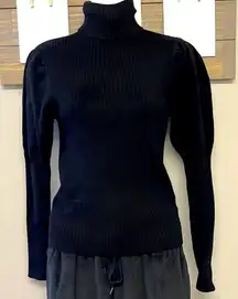 Lucca Black Turtleneck Ribbed Sweater with Slight Bubble Shoulder Sleeves- Mediu